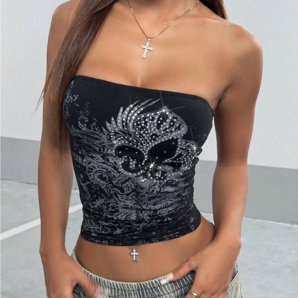 Black Strapless Top with Rhinestone Design